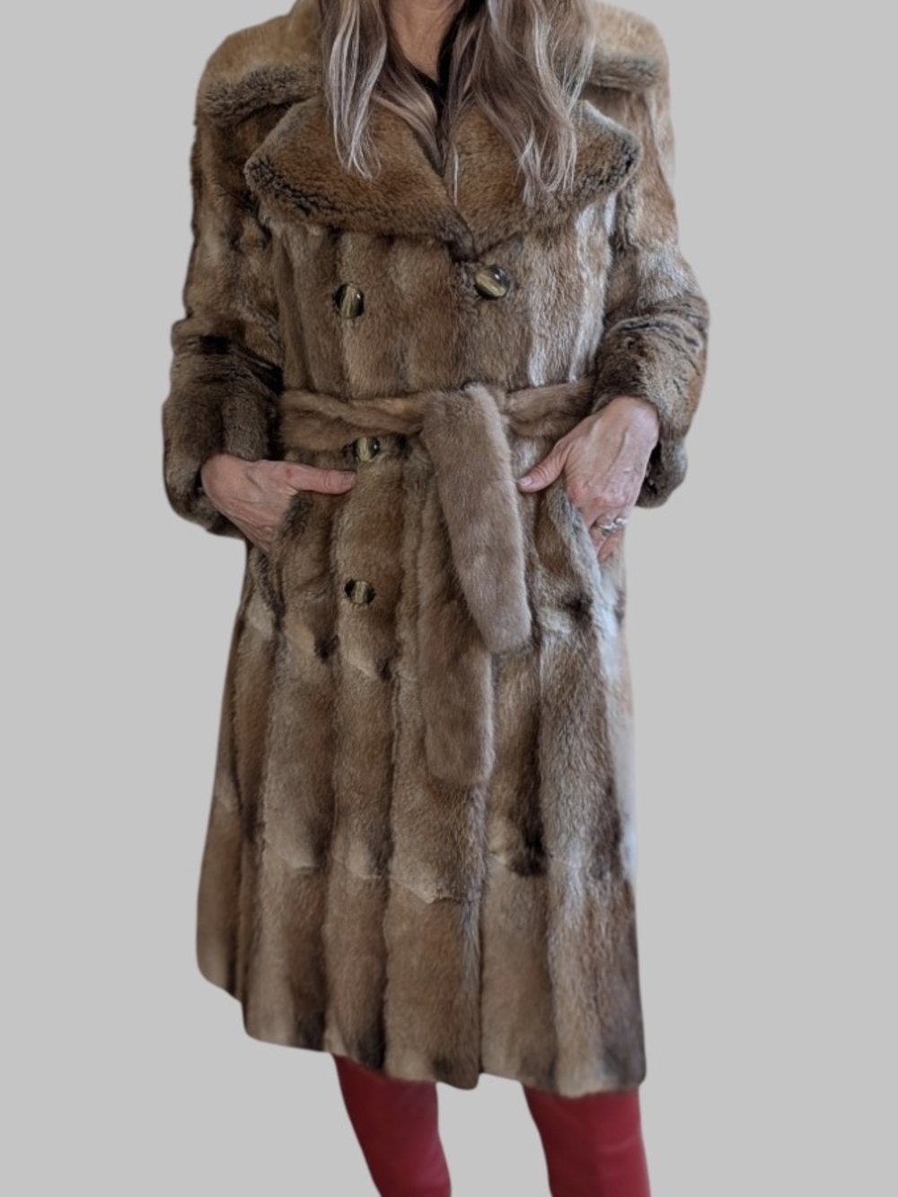 Luxury Mink Fur '70s Long Coat with Belt